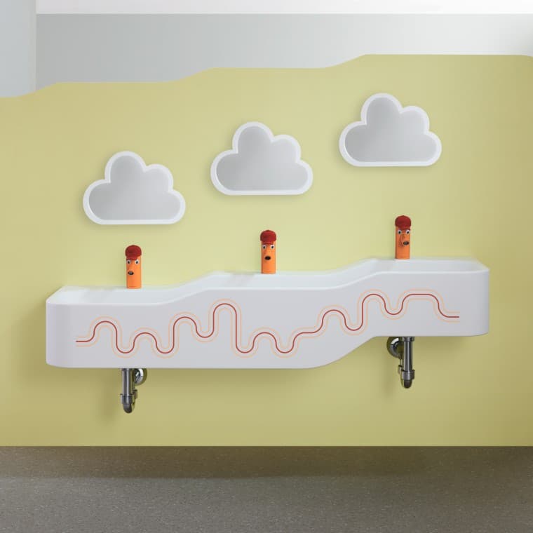 Geberit Bambini karmino raudonos ir oranžinės spalvų prausimosi erdvė Geberit Bambini karmino raudonos ir oranžinės spalvų prausimosi erdvė