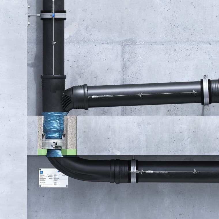 Geberit fire protection sleeve RS90 Plus EN embedded in the ceiling with EPS/XPS insulation Geberit fire protection sleeve RS90 Plus EN embedded in the ceiling with EPS/XPS insulation