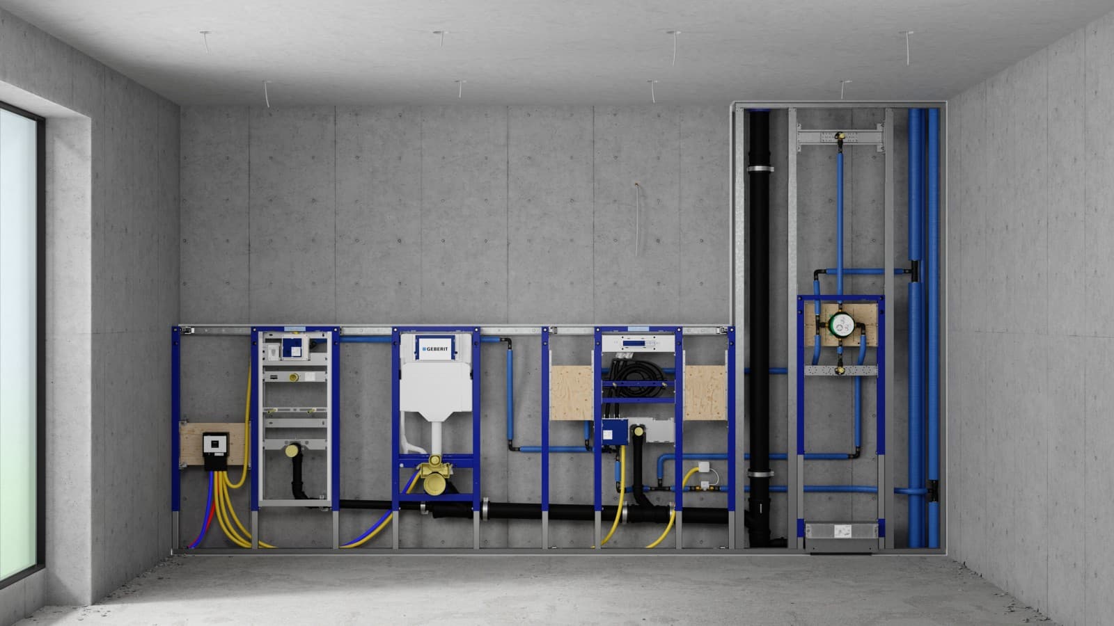 Montavimo siena su Geberit Duofix elementais pisuarui, WC puodui, praustuvui ir dušui Montavimo siena su Geberit Duofix elementais pisuarui, WC puodui, praustuvui ir dušui