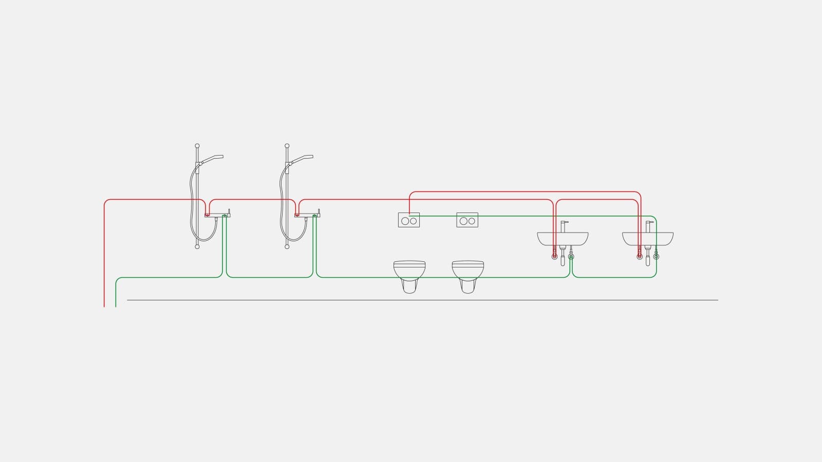 Geriamojo vandens vamzdyno pavyzdys naudojant pagal intervalą valdomą Geberit higieninio plovimo sistemą, integruotą potinkiniame bakelyje Geriamojo vandens vamzdyno pavyzdys naudojant pagal intervalą valdomą Geberit higieninio plovimo sistemą, integruotą potinkiniame bakelyje