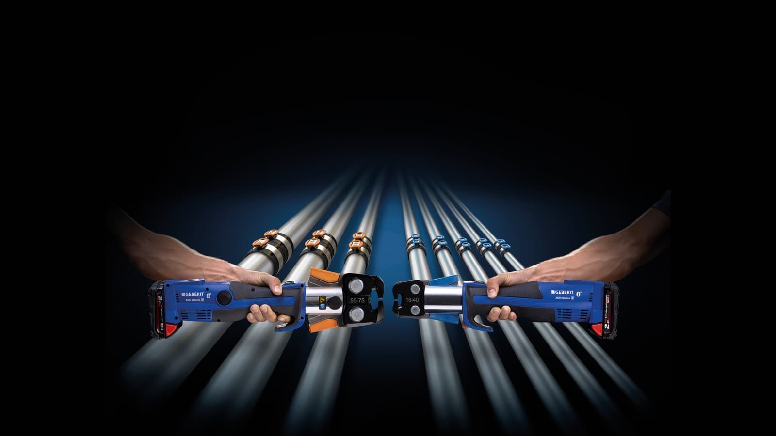 Colour-coded matching of the pressing jaw to the dimensions of the Geberit FlowFit fittings Colour-coded matching of the pressing jaw to the dimensions of the Geberit FlowFit fittings